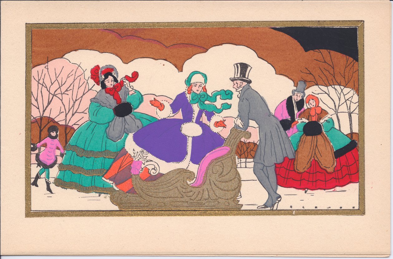 بطاقة عيد الميلاد Pochoir الفرنسية الملونة باليد للمتزلجين الجليديين الفيكتوريين مع مزلقة ، حوالي عام 1920 بواسطة مدرسة اللغة الإنجليزية