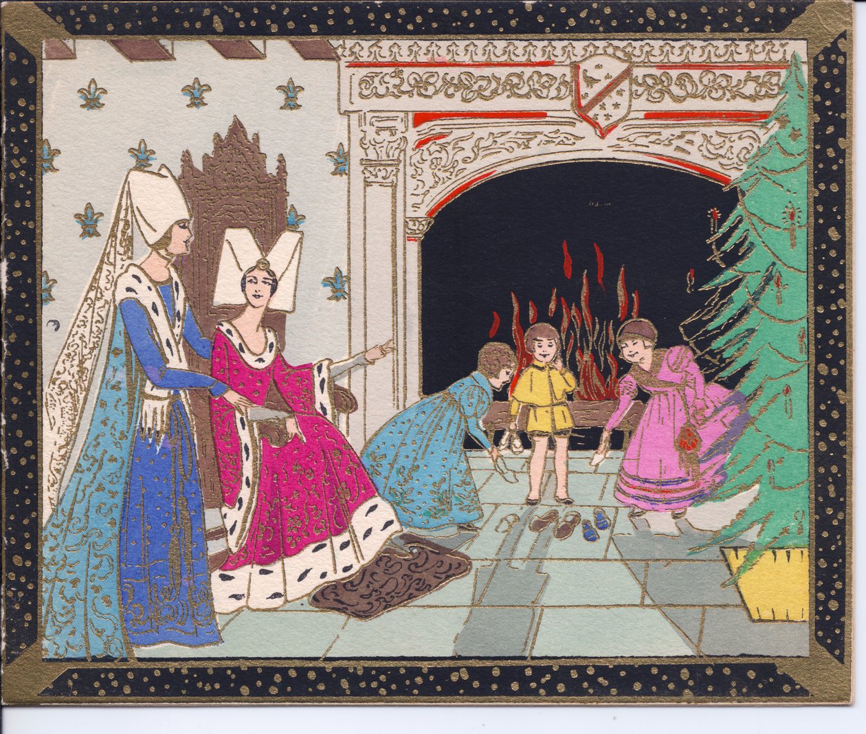 بطاقة عيد الميلاد Pochoir الفرنسية الملونة يدويًا للسيدات في العصور الوسطى الذين يرتدون قبعات فراشة وأطفال أمام مدفأة كبيرة يسخنون أحذيتهم ، حوالي 1920 بواسطة مدرسة اللغة الإنجليزية