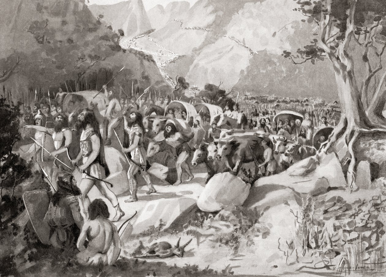 هجرة القبائل السكيثية عبر ممر في جبال آسيا الصغرى إلى سوريا ، من Hutchinson History of the Nations ، pub 1915 بواسطة مدرسة اللغة الإنجليزية