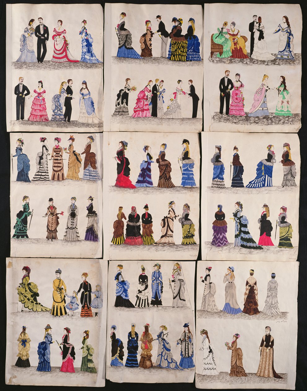 مجموعة مختارة من الأزياء الفيكتورية بما في ذلك قاعة الرقص وفساتين المشي ، c. 1876 (مرحاض على ورق) بواسطة مدرسة اللغة الإنجليزية