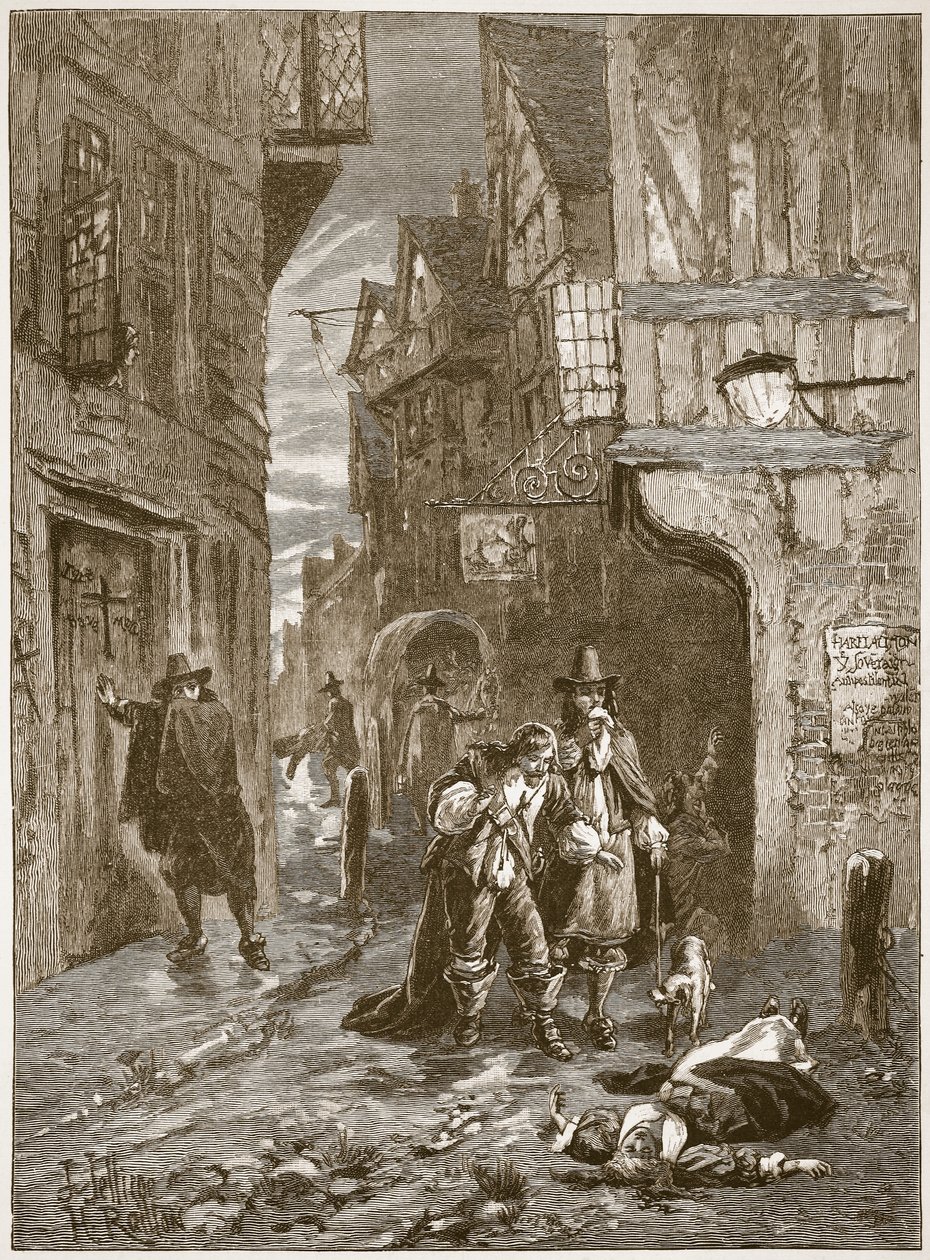 شارع في لندن أثناء الطاعون العظيم ، رسم توضيحي من Cassells Illustrated History of England (sepia photo) بواسطة مدرسة اللغة الإنجليزية