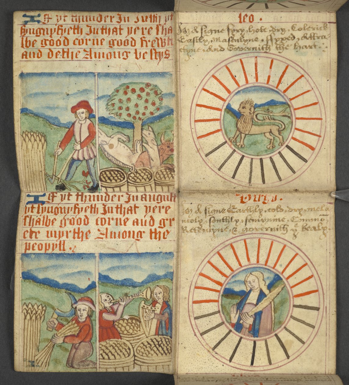 يضيف. 17367، f.6r Leo & Virgo، from Almanac، يحتوي على جدول بالحروف السائدة والأرقام الذهبية؛ اتجاهات للعثور على الأعياد المنقولة. تقويم القديسين ، العصور ، قائمة الملوك الإنجليز ، تنبؤات الطقس ، تأثير علامات بواسطة مدرسة اللغة الإنجليزية