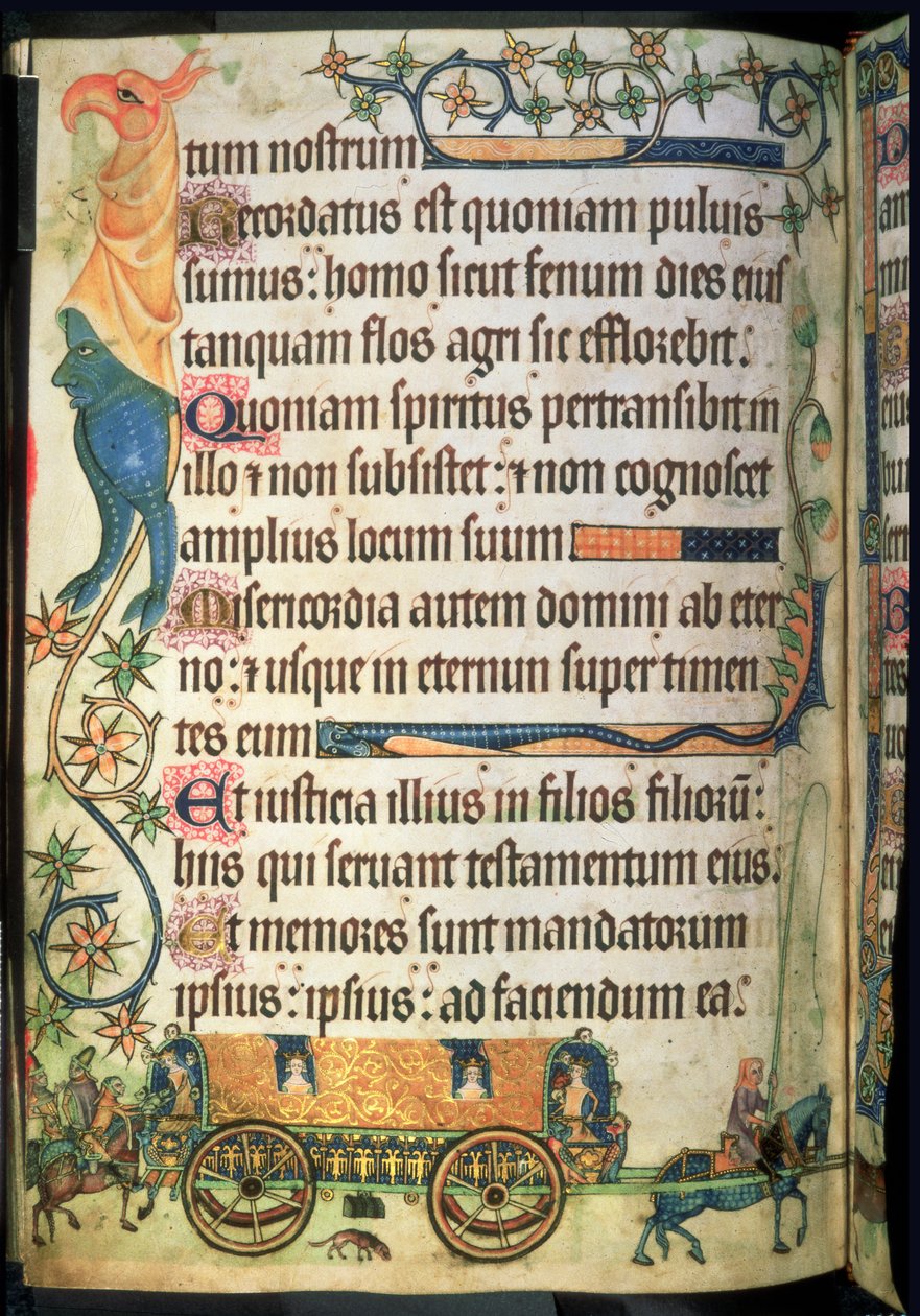 أضف 42130 ص. 181v مزمور 102: مدرب السفر للسيدات الملكيات ، من 'Luttrell Psalter' ، حوالي 1325 - 35 (ورق) بواسطة مدرسة اللغة الإنجليزية