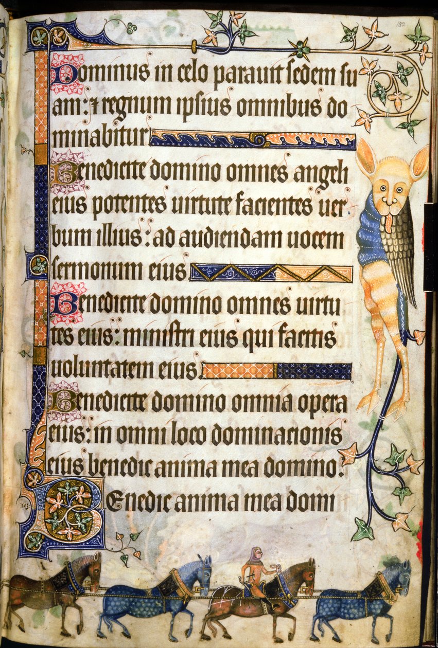 أضف 42130 f.182 نصًا لرسومات الخيول الموضح في f.181v ، من "Luttrell Psalter" ، حوالي 1325-35 (رق) بواسطة مدرسة اللغة الإنجليزية