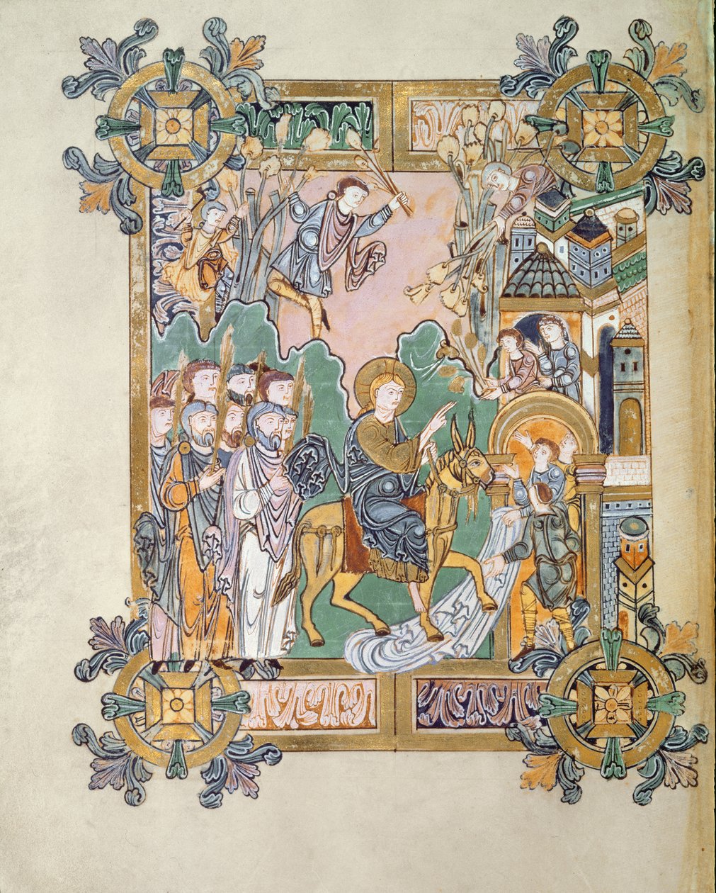 أضف 49598 f.45v الدخول إلى القدس ، من Benedictional of St. Aethelwold ، Winchester ، c.980 (ورق) بواسطة مدرسة اللغة الإنجليزية
