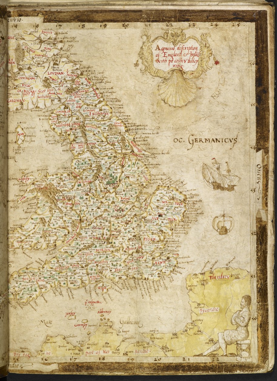 يضيف. 62540، ff.3v-4 ، خريطة لبريطانيا العظمى وأيرلندا ، من "Nowell-Burghley Atlas" ، تفاصيل بريطانيا العظمى ، حوالي 1564 (رق) بواسطة مدرسة اللغة الإنجليزية