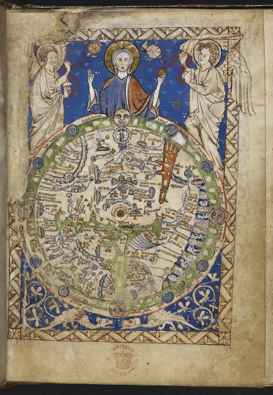 أضف MS 28681 f.9 سفر المزامير ، مع ترانيم وصلوات إضافية وخريطة للعالم من القرون الوسطى ("سفر المزامير") 1262-70 (حبر ، لون وذهب على ورق) بواسطة مدرسة اللغة الإنجليزية