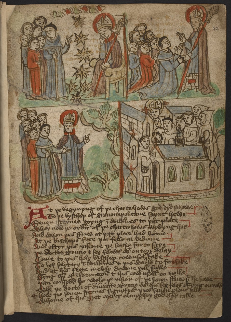 أضف MS 37049 ، ص .22 The Carthusian Miscellany (نثر وآية دينية) في اللغة الإنجليزية الشمالية ، بما في ذلك مثال (ملخص) لرحلات ماندفيل (الحبر واللون على الورق) بواسطة مدرسة اللغة الإنجليزية