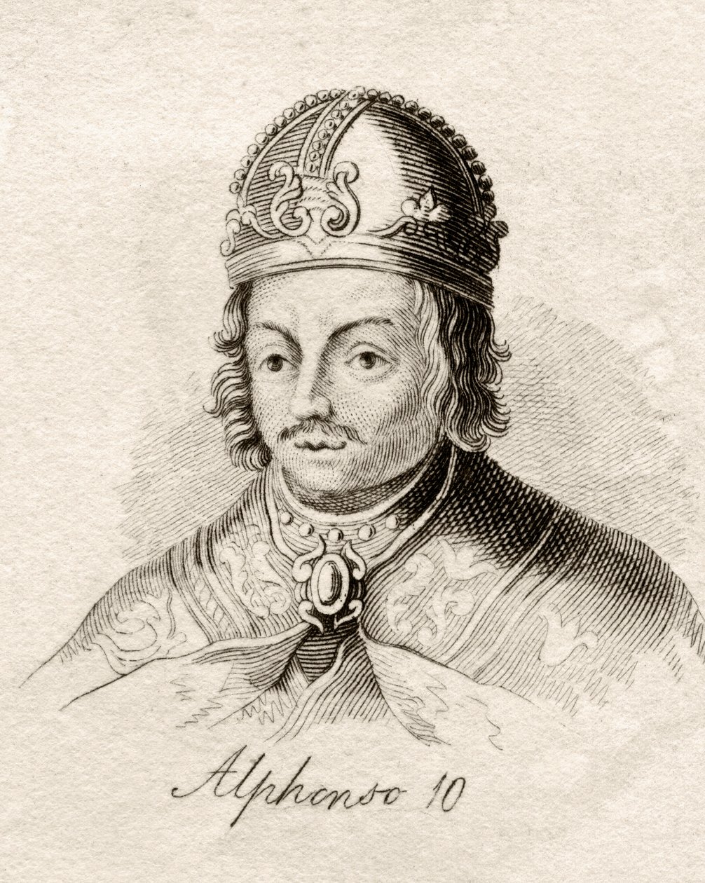 ألفونسو العاشر ملك قشتالة ، من "قاموس كراب التاريخي" ، نُشر عام 1825 بواسطة مدرسة اللغة الإنجليزية