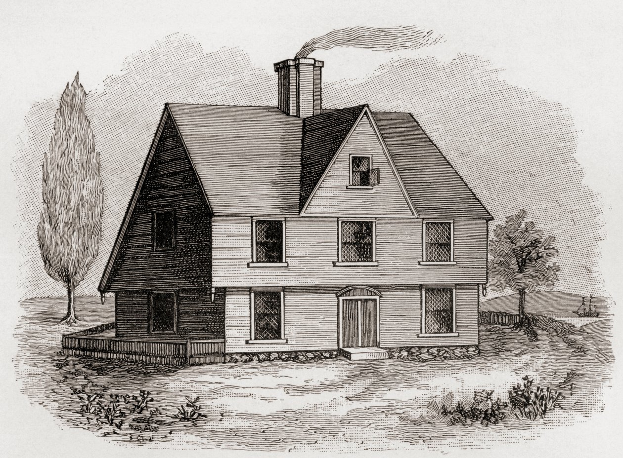 Allyn House ، New Plymouth ، أمريكا الشمالية ، من "A Short History of the English People" بقلم JR Green ، نُشر عام 1893 بواسطة مدرسة اللغة الإنجليزية
