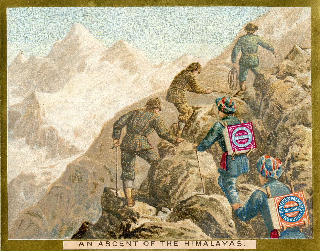 صعود جبال الهيمالايا ، بطاقة ترويجية لبسكويت Huntley & Palmers ، c.1890 بواسطة مدرسة اللغة الإنجليزية