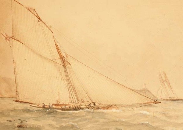 قاطع شراع علوي مزوَّد بثمانية أمتار من Gaff ، سرب اليخوت الملكي ، حوالي عام 1860 (ألوان مائية على ورق) بواسطة مدرسة اللغة الإنجليزية