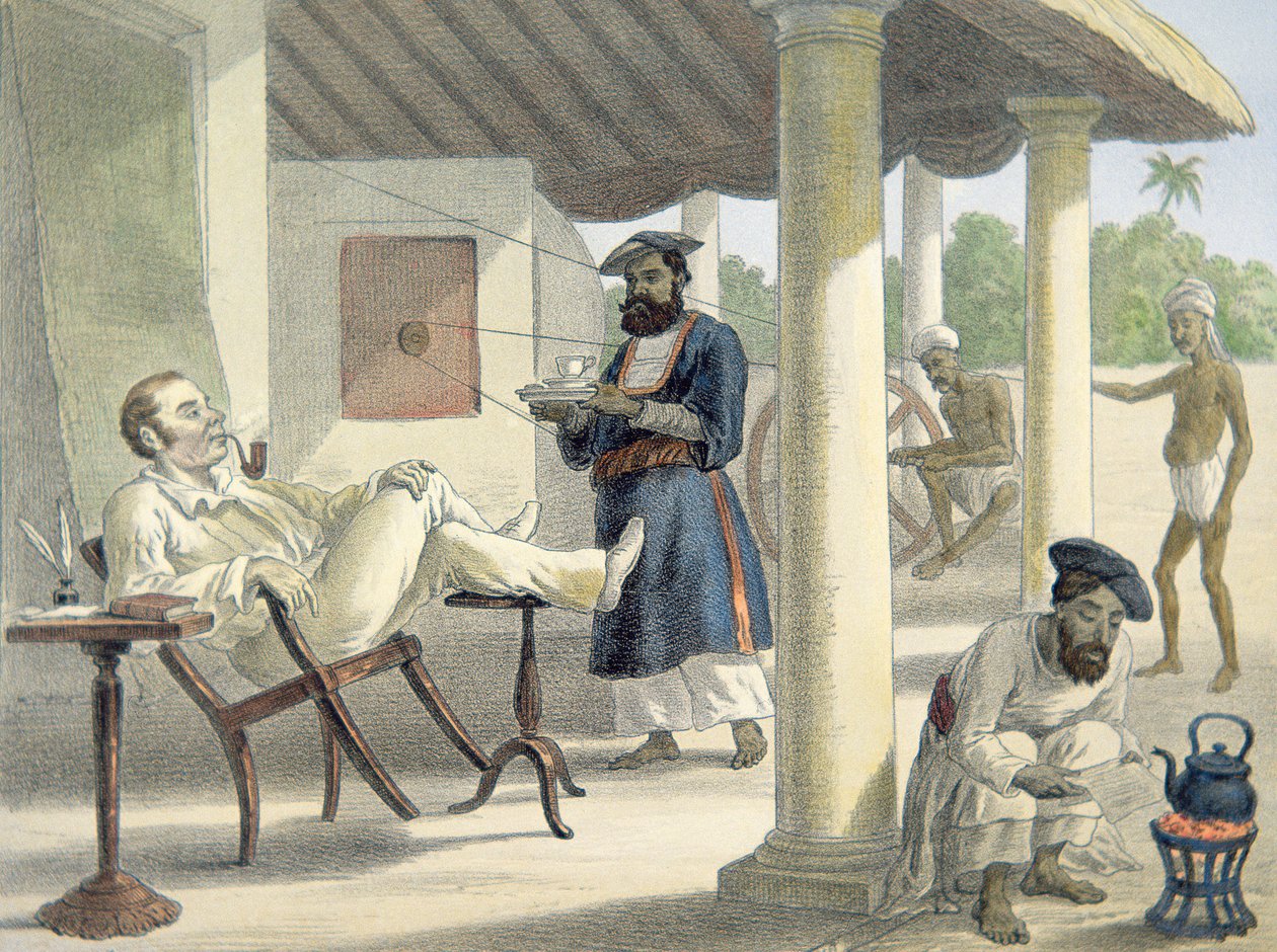 مسؤول إنجليزي وخدمه الأصليون حوالي عام 1860 (لون ليثو) بواسطة مدرسة اللغة الإنجليزية