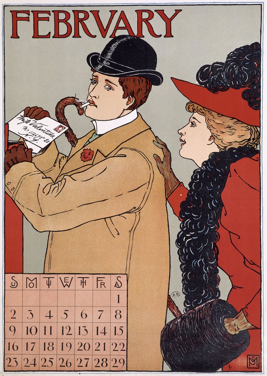 An elegant couple (man posts a letter), English calendar image, month of February, n.d. late 19th century. بواسطة مدرسة اللغة الإنجليزية