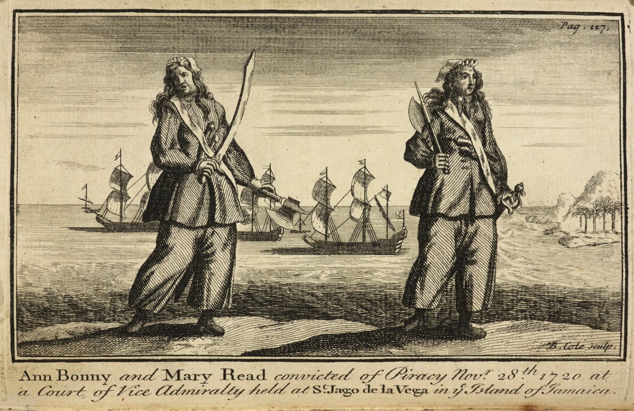 "أُدينت آن بوني وماري ريد بالقرصنة في 28 نوفمبر 1720 في محكمة نائب الأميرالية المنعقدة في سانت جاغو دي لا فيغا في جزيرة جامايكا" بواسطة مدرسة اللغة الإنجليزية