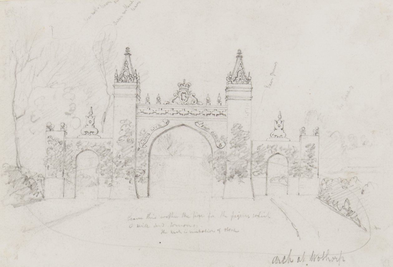 أقيم القوس في Wothorp ، Cambridgeshire ، للترحيب بالملكة فيكتوريا والأمير ألبرت في طريقهما إلى Burghley House بواسطة مدرسة اللغة الإنجليزية