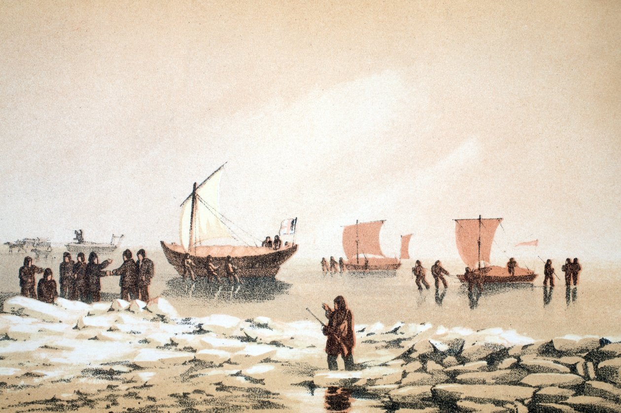 السفر في القطب الشمالي ، رسم توضيحي من رحلة إلى خليج بافينز ومضيق بارو ... ، 1852 (نقش يدوي) بواسطة مدرسة اللغة الإنجليزية