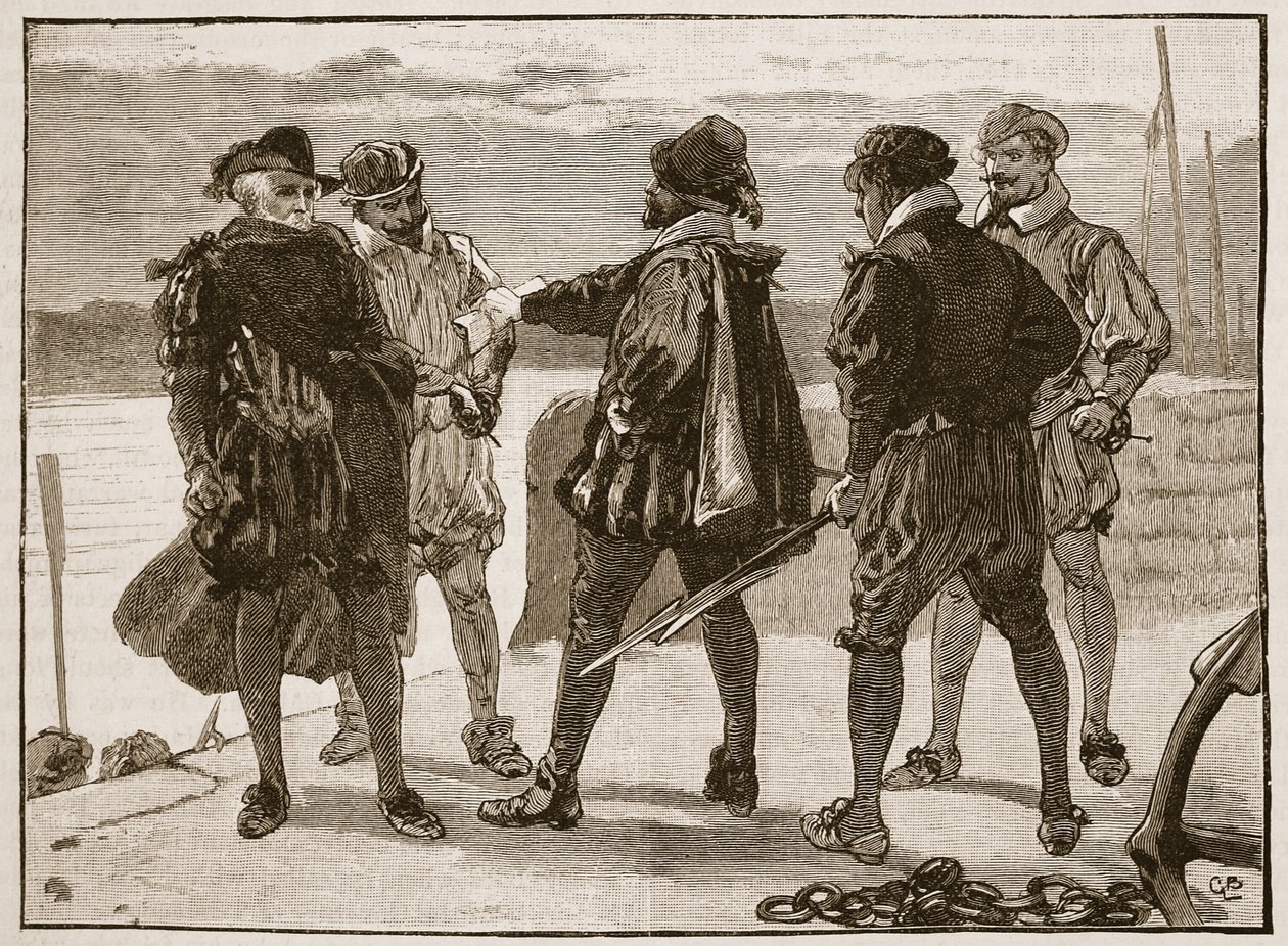 اعتقال السير والتر رالي ، رسم توضيحي من Cassells Illustrated History of England (sepia photo) بواسطة مدرسة اللغة الإنجليزية