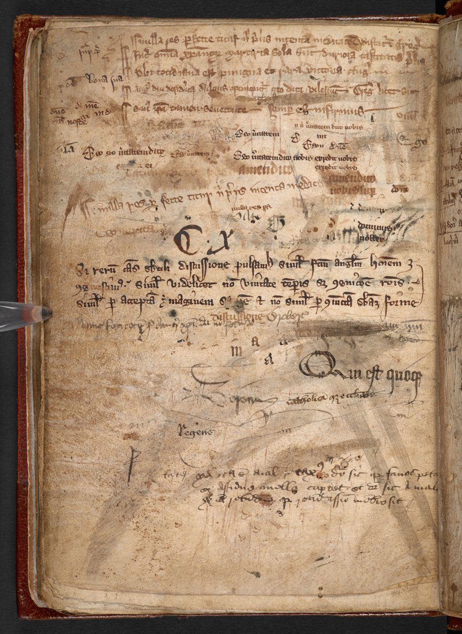 Arundel 292 ، f.114v ، مخطوطة تحتوي على العديد من المحاولات بالقلم ، توضح ما كان يمثله قلم الريشة حاجزًا أمام محو الأمية الجماعية (قلم حبر وحبر على ورق) بواسطة مدرسة اللغة الإنجليزية