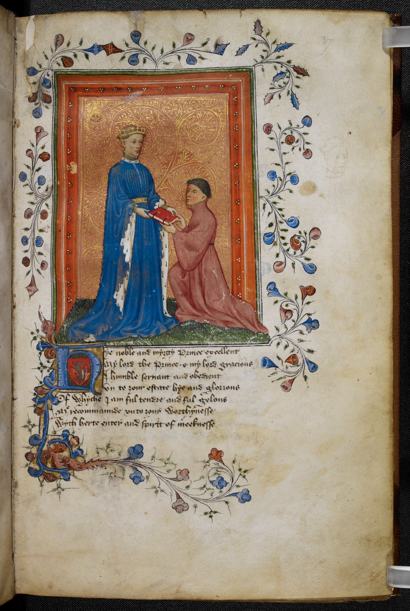 Arundel 38 f.37 Thomas Hoccleve يقدم كتابه "Regement of Princes" ، إلى أمير ويلز (لاحقًا هنري الخامس) حوالي 1411-13 (قلم وحبر وتمبرا على ورق) (انظر أيضًا 10048) بواسطة مدرسة اللغة الإنجليزية