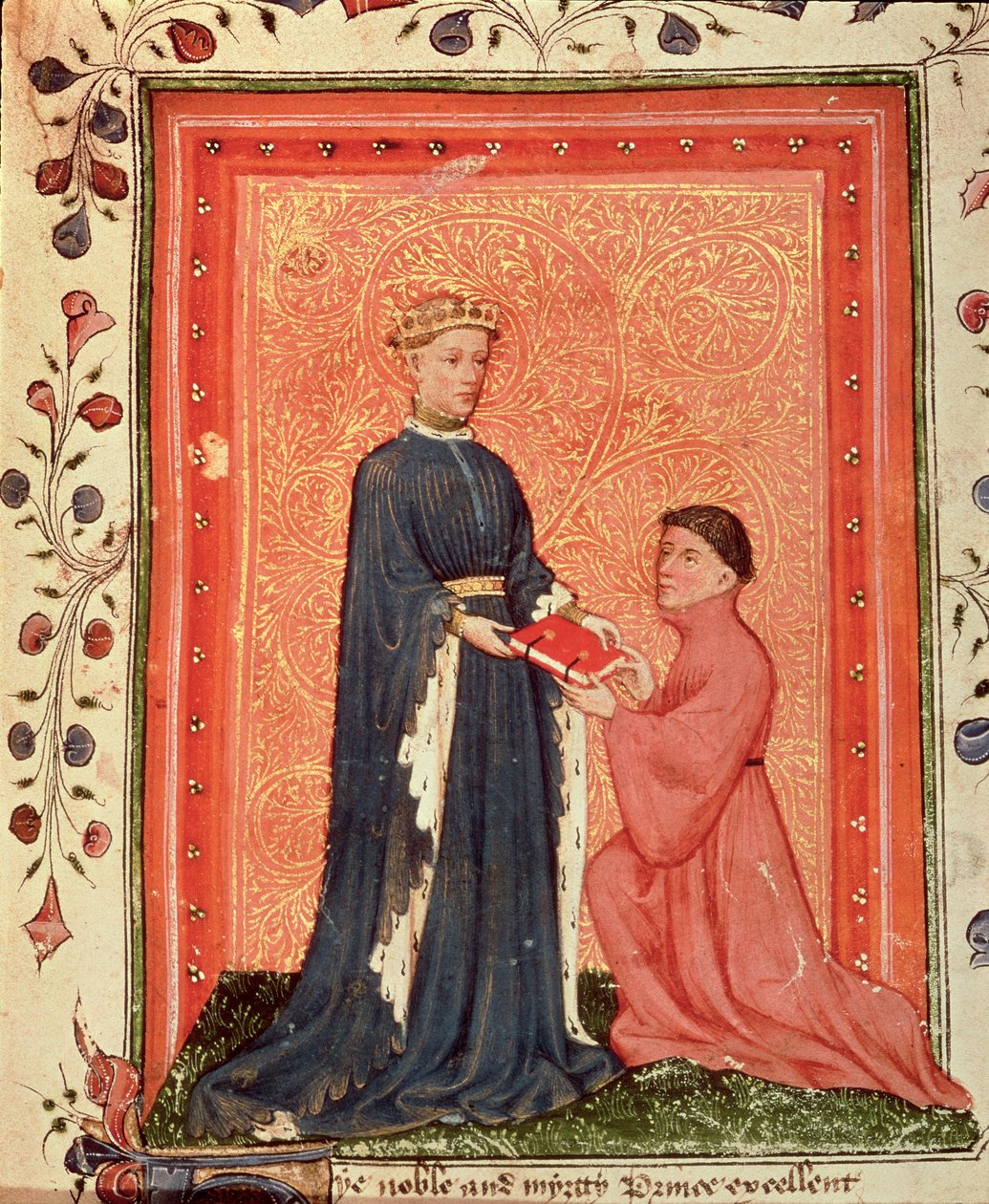 أروندل 38 ص 37. توماس هوكليف يقدم كتابه "Regement of Princes" ، إلى أمير ويلز (لاحقاً هنري الخامس) حوالي 1411-13 (ورق) بواسطة مدرسة اللغة الإنجليزية