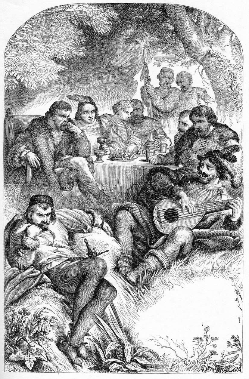 كما تحبها - رسم توضيحي في "" الأعمال التي أكملها ويليام شكسبير "" 1866 - تم استعارة الرسوم التوضيحية والشكل العام لهذه الطبعة من شكسبير المصور لكاسيل ، والذي نُشر في لندن بواسطة مدرسة اللغة الإنجليزية
