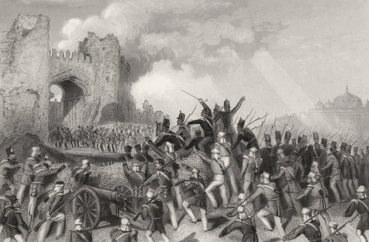اعتداء على دلهي والاستيلاء على بوابة الكشمير في 14 سبتمبر 1857 ، من "تاريخ التمرد الهندي" المنشور عام 1858 بواسطة مدرسة اللغة الإنجليزية