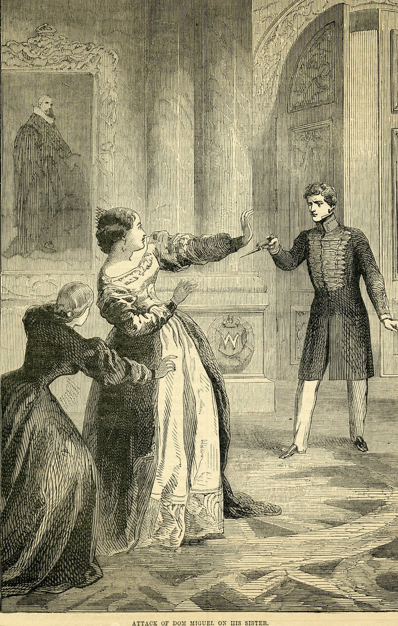 هجوم دون ميغيل على أخته ، مأخوذ من Cassells Illustrated History of England ، 18571858 بواسطة مدرسة اللغة الإنجليزية