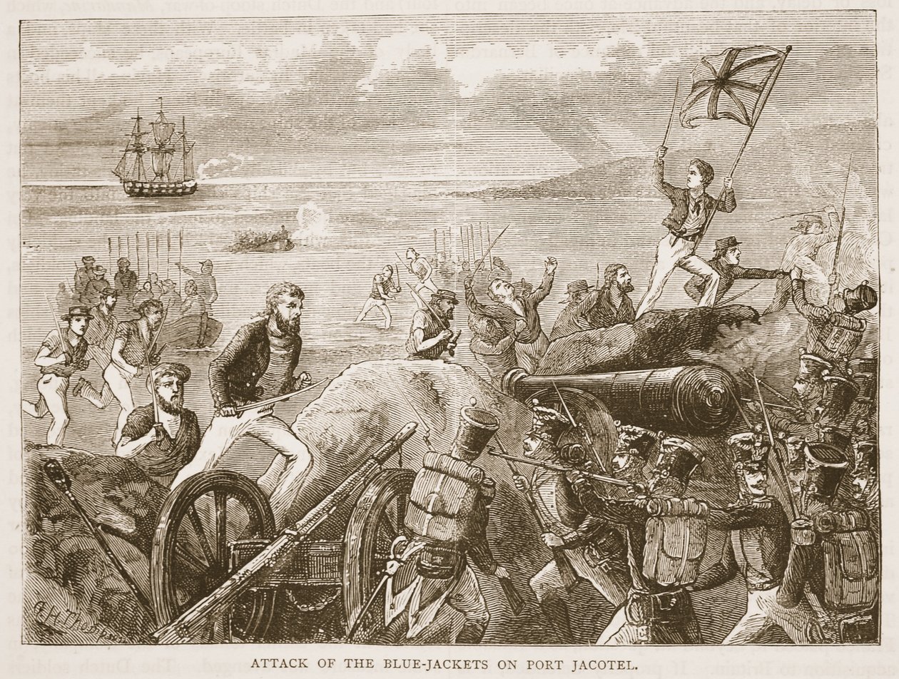هجوم السترات الزرقاء على ميناء جاكوتل ، رسم توضيحي من Cassells Illustrated History of India بقلم جيمس جرانت ، حانة. 1879 بواسطة مدرسة اللغة الإنجليزية