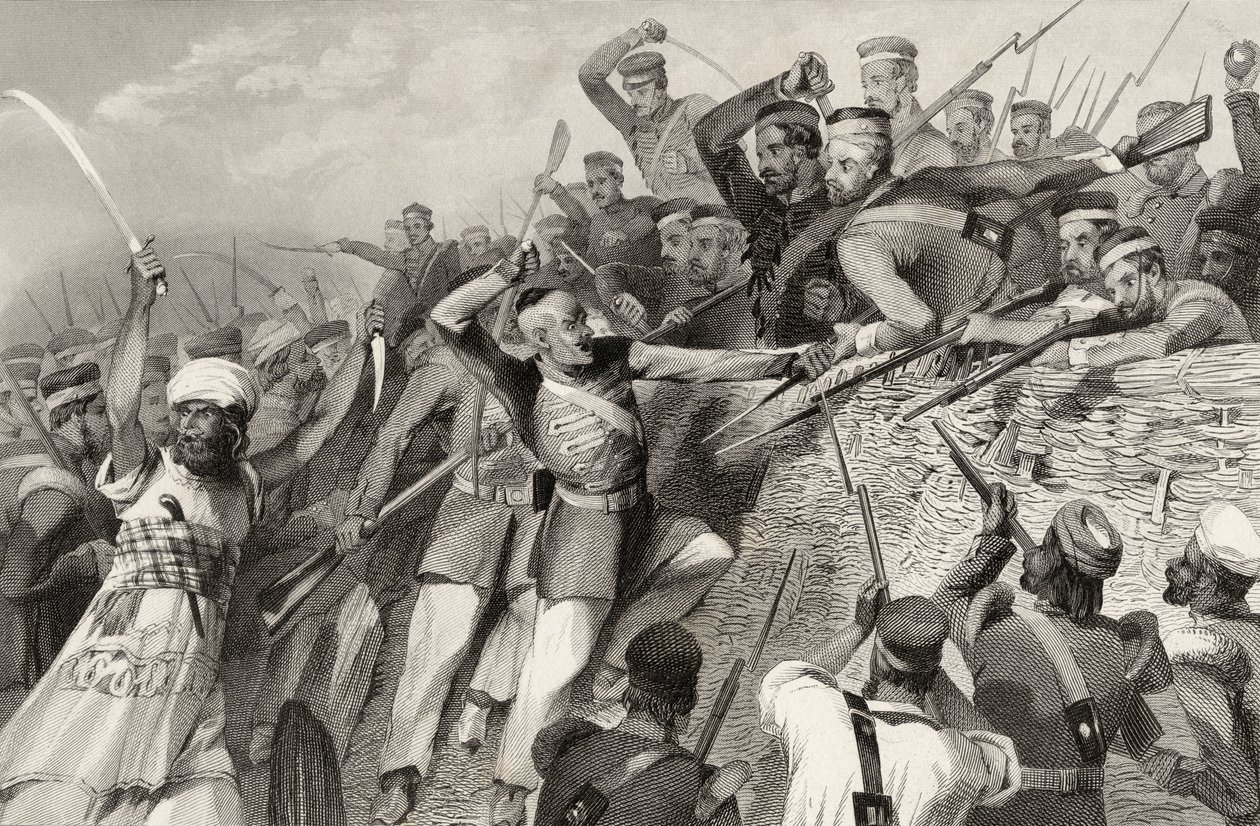 هجوم المتمردين على بطارية ريدان في لوكناو ، 30 يوليو 1857 ، من "تاريخ التمرد الهندي" ، نشر عام 1858 بواسطة مدرسة اللغة الإنجليزية