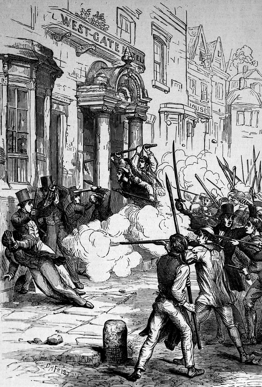 الهجوم على فندق ويست جيت ، نيوبورت في 4 نوفمبر 1839 بواسطة مدرسة اللغة الإنجليزية
