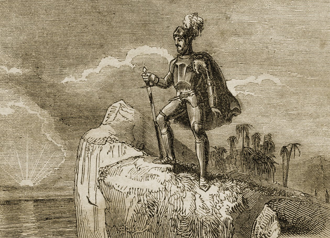 رؤية بالبوا الأولى للمحيط الهادئ في عام 1513 ، توضيح من "حكايات المسافرين أو منظر للعالم" ، نُشر عام 1838 (ليثو) بواسطة مدرسة اللغة الإنجليزية