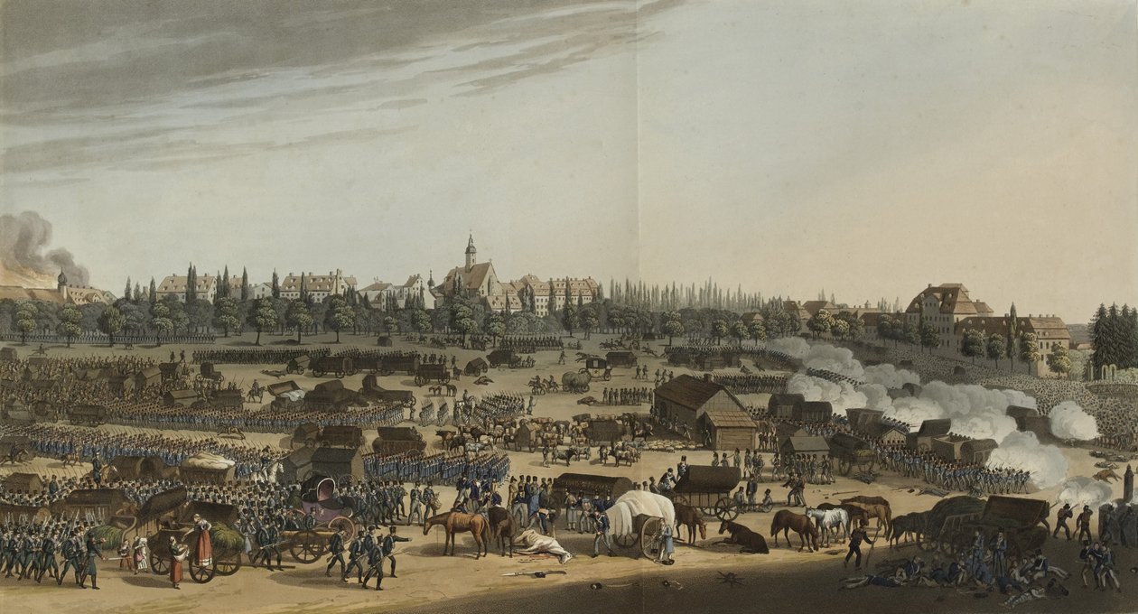 معركة لايبزيغ ، 16-19 أكتوبر 1813 ، من سجل مصور للأحداث الهامة في حوليات أوروبا خلال السنوات 1812 ، 1813 ، 1814 و 1815 ، 1815 (ألوان مائية) بواسطة مدرسة اللغة الإنجليزية