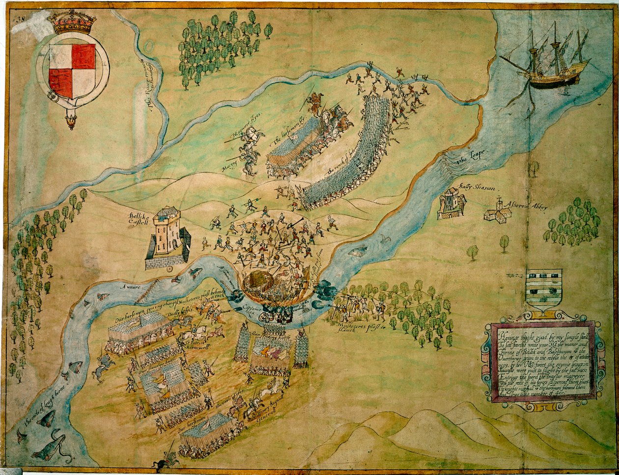 معركة إرني فورد عام 1593 (قلم وحبر مع غسيل على ورق) بواسطة مدرسة اللغة الإنجليزية