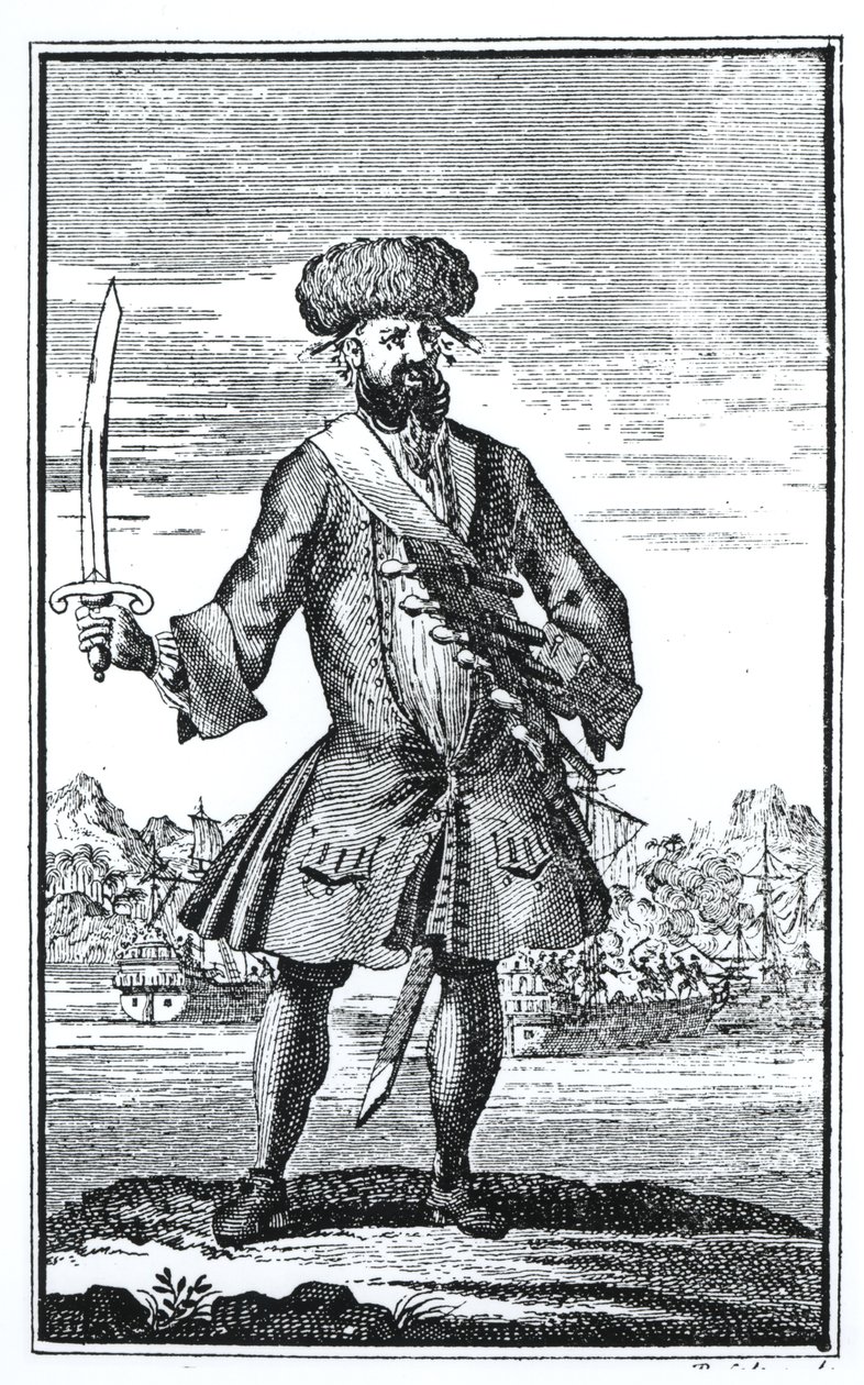 Blackbeard the Pirate ، من تاريخ عام للسرقات وقتل القراصنة سيئ السمعة من قبل الكابتن تشارلز جونسون ، نشر 1724 بواسطة مدرسة اللغة الإنجليزية