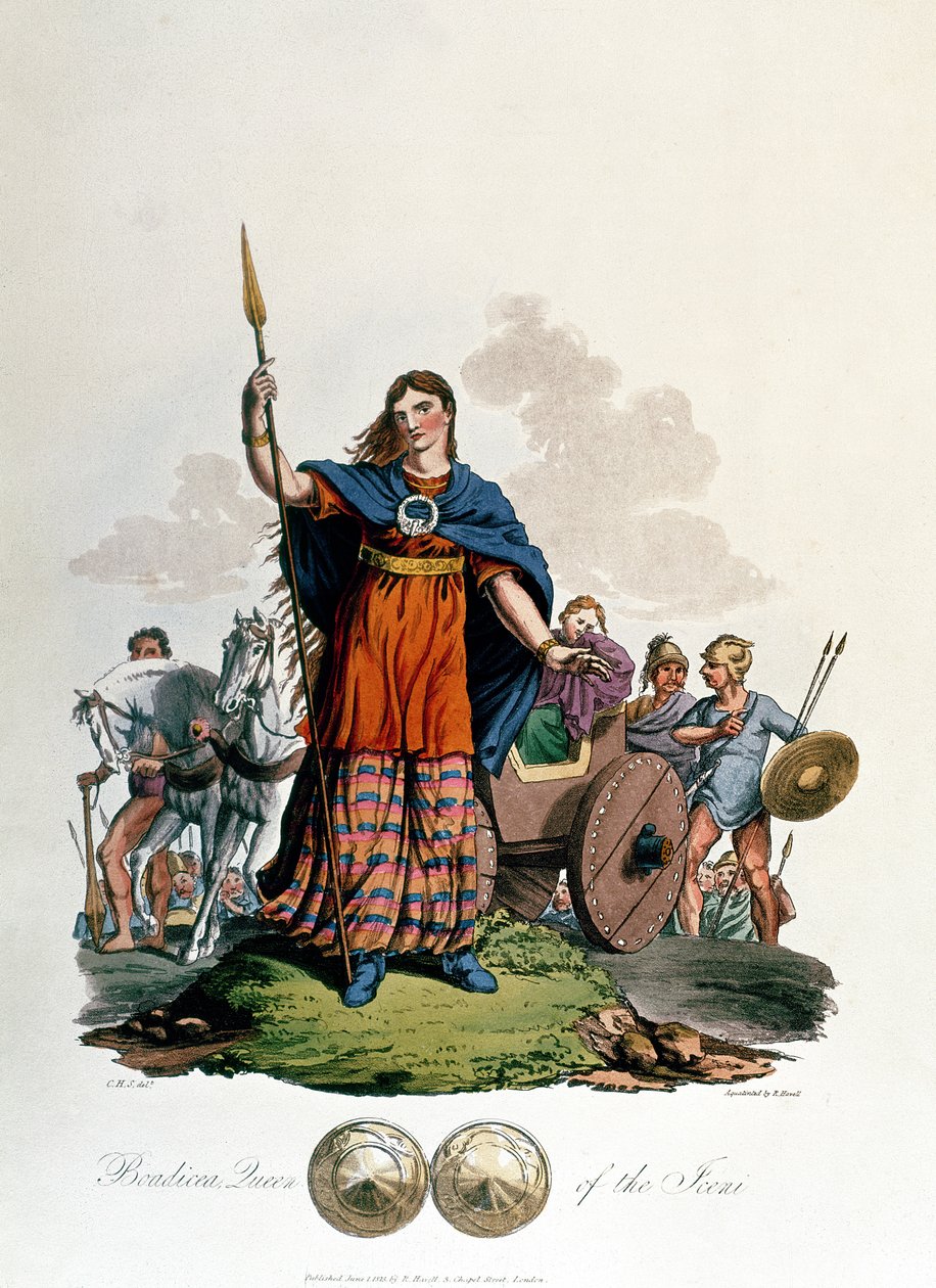 Boadicea ، ملكة Iceni ، صممه CHS ، نقشه ريتشارد هافيل الأكبر ، تم نشره عام 1815 (aquatint) بواسطة مدرسة اللغة الإنجليزية