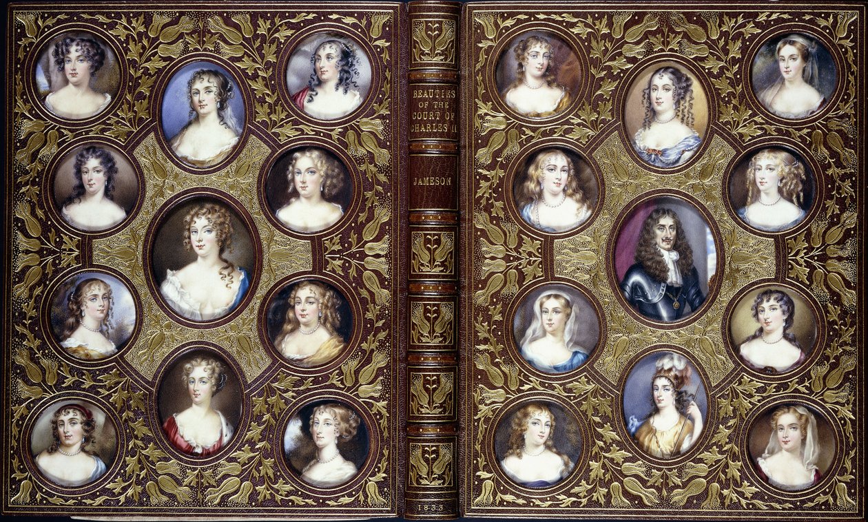 غلاف كتاب يحتوي على 22 منمنمة بورتريه لتشارلز الثاني والنساء الجميلات في بلاطه ، 1833 بواسطة مدرسة اللغة الإنجليزية