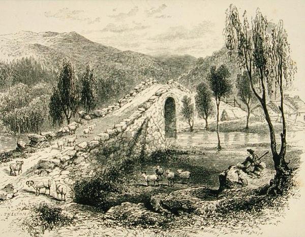 جسر فوق مياه سلوجان ، بالقرب من بريمار ، حوالي عام 1880 ، من "الصور الاسكتلندية" التي نشرتها جمعية المسالك الدينية بواسطة مدرسة اللغة الإنجليزية