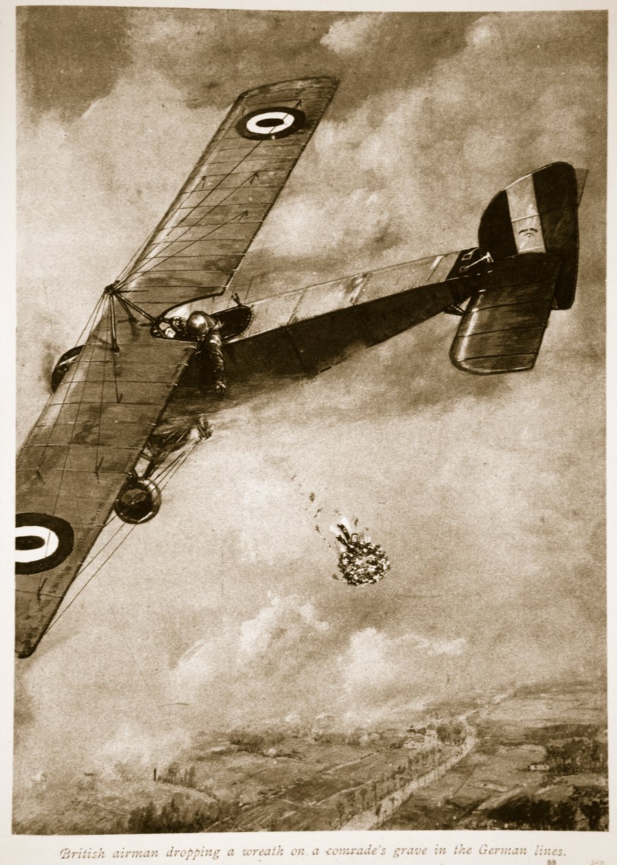 طيار بريطاني يسقط إكليلا من الزهور على قبر الرفاق في الخطوط الألمانية ، 1914-1919 بواسطة مدرسة اللغة الإنجليزية