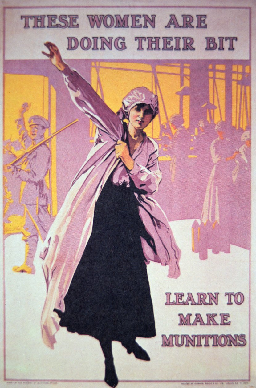ملصق بريطاني للحرب العالمية الأولى لتشجيع النساء على العمل في مصانع الذخائر ، 1914-1918 (ليثو ملون) بواسطة مدرسة اللغة الإنجليزية