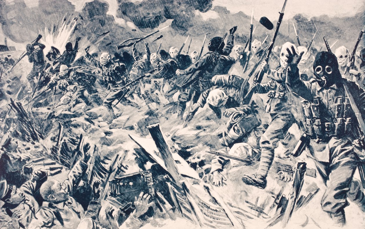 القوات البريطانية في أقنعة الغاز تتهم الخنادق الألمانية في لوس ، فرنسا ، 25 سبتمبر 1915 ، من "ألبوم الحرب المصور deLuxe" ، المنشور في لندن ، 1916 بواسطة مدرسة اللغة الإنجليزية