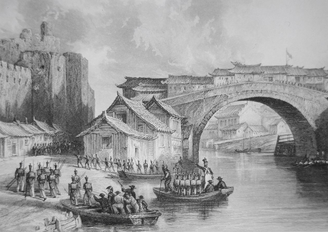 British troops land at the West Gate of Ching Keang during the Opium Wars, illustration after an eyewitness sketch by Captain Stoddard (litho) (b/w version of 225386) بواسطة مدرسة اللغة الإنجليزية