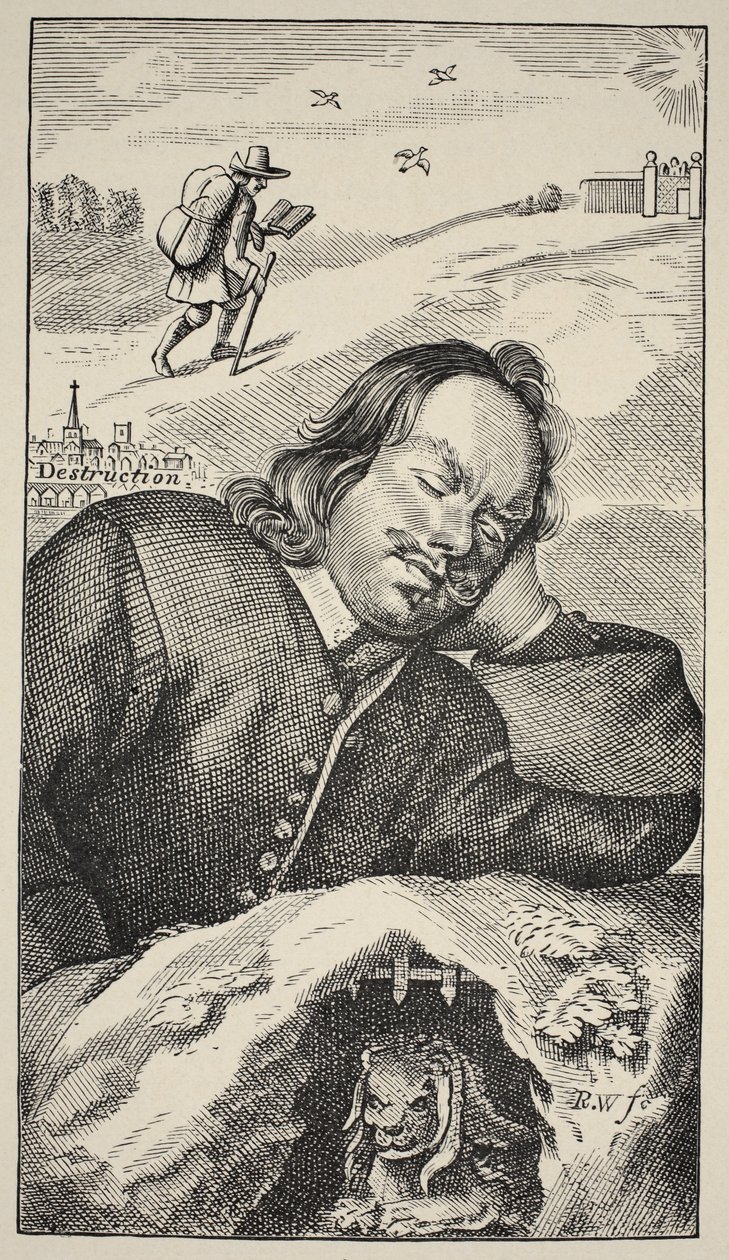 Bunyans Dream ، صورة مقدمة للحجاج تقدم جون بونيان (1628-88) ، الطبعة الرابعة ، حانة. 1680 (صورة بني داكن) بواسطة مدرسة اللغة الإنجليزية