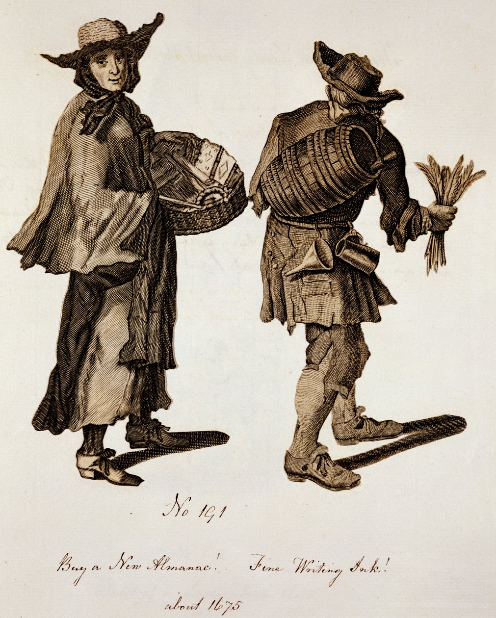 شراء تقويم جديد! حبر الكتابة الجميلة !، توضيح لبائعي الشوارع حوالي عام 1675 بواسطة مدرسة اللغة الإنجليزية
