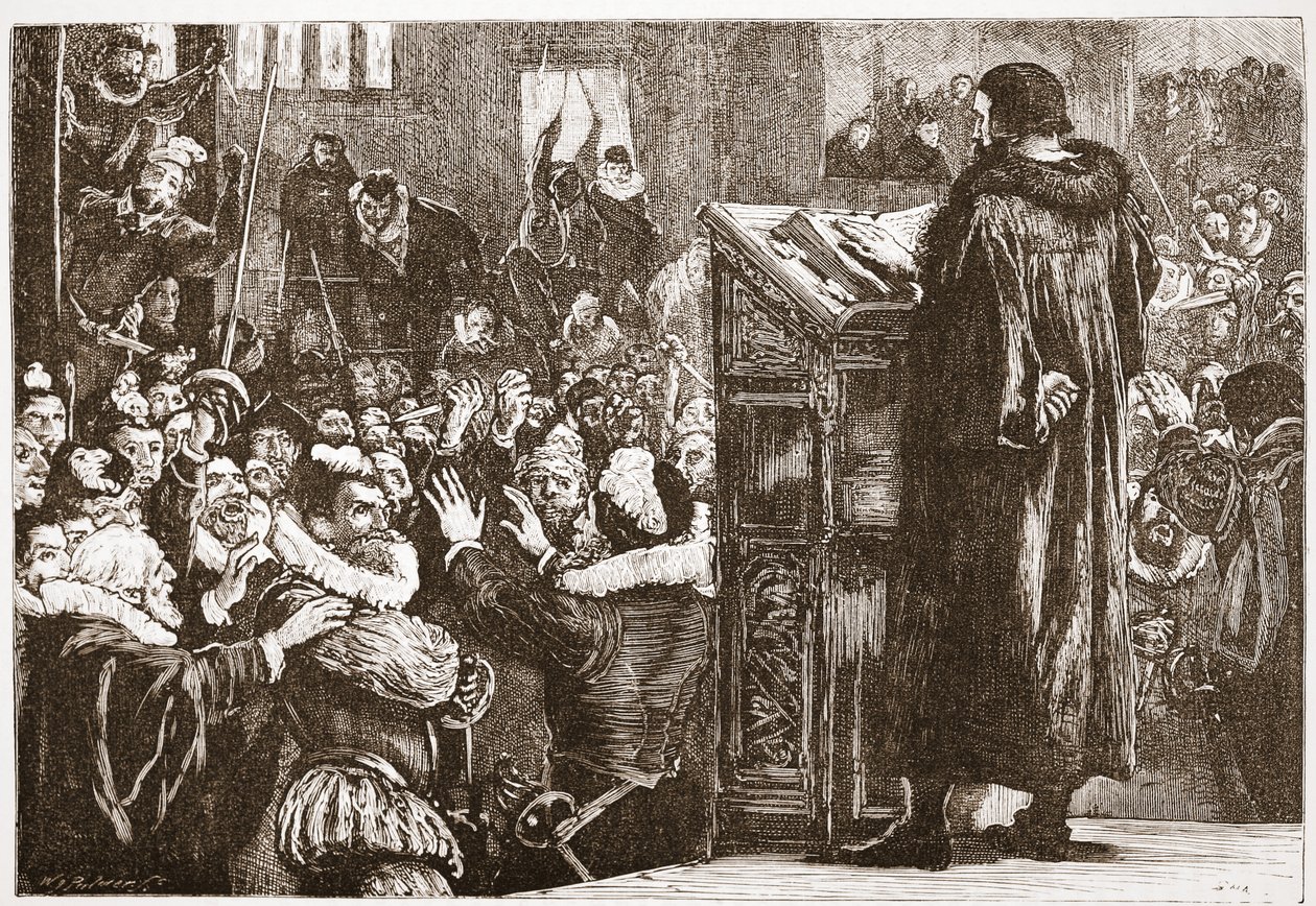 هدد كالفن في كنيسة Rive ، توضيح من تاريخ البروتستانتية بقلم جيمس أيتكين ويلي (1808-1890) ، حانة. 1878 بواسطة مدرسة اللغة الإنجليزية