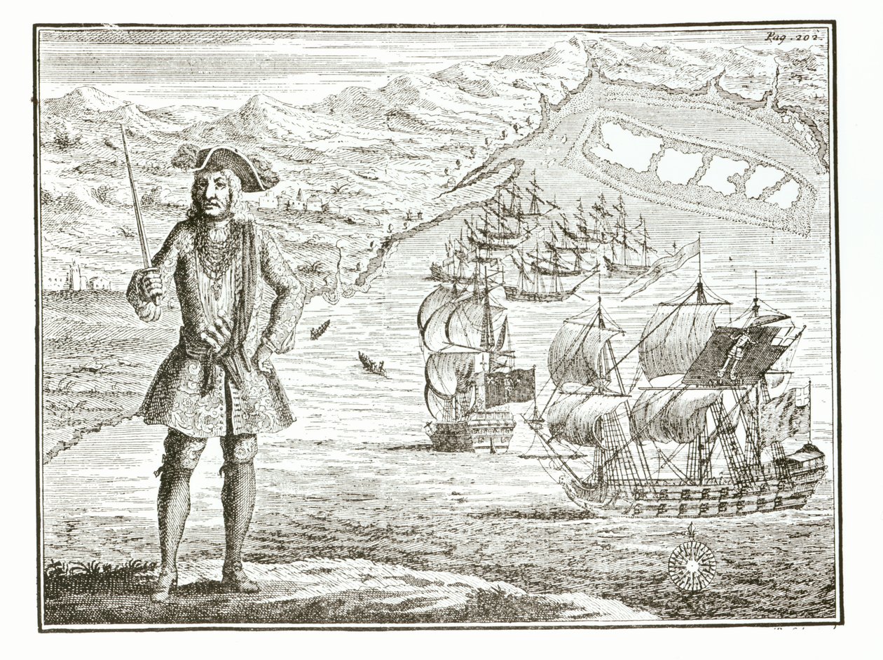 الكابتن بارثولوميو روبرتس (1682-1722) مع سفينتين ، رويال فورتشن ورينجر يبحران في طريق ويدة على ساحل جيني ، في 11 يناير 172؟ ، من تاريخ عام للسرقة ومو بواسطة مدرسة اللغة الإنجليزية