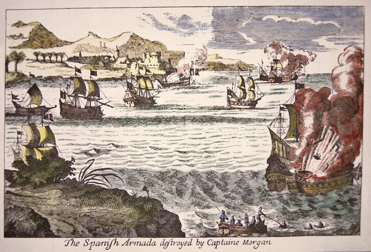 Captain Morgan defeats Spanish warships blocking the mouth of Lake Maracaibo in 1669 (coloured engraving) بواسطة مدرسة اللغة الإنجليزية
