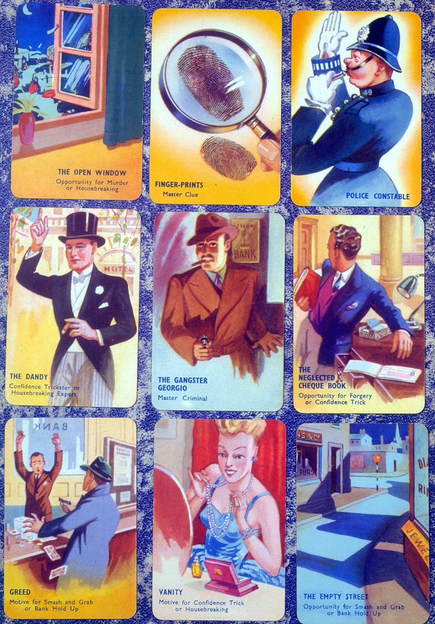 بطاقات لعائلة إنجليزية MurderMystery لعبة بطاقة ألتزم بها ، c.1930 بواسطة مدرسة اللغة الإنجليزية