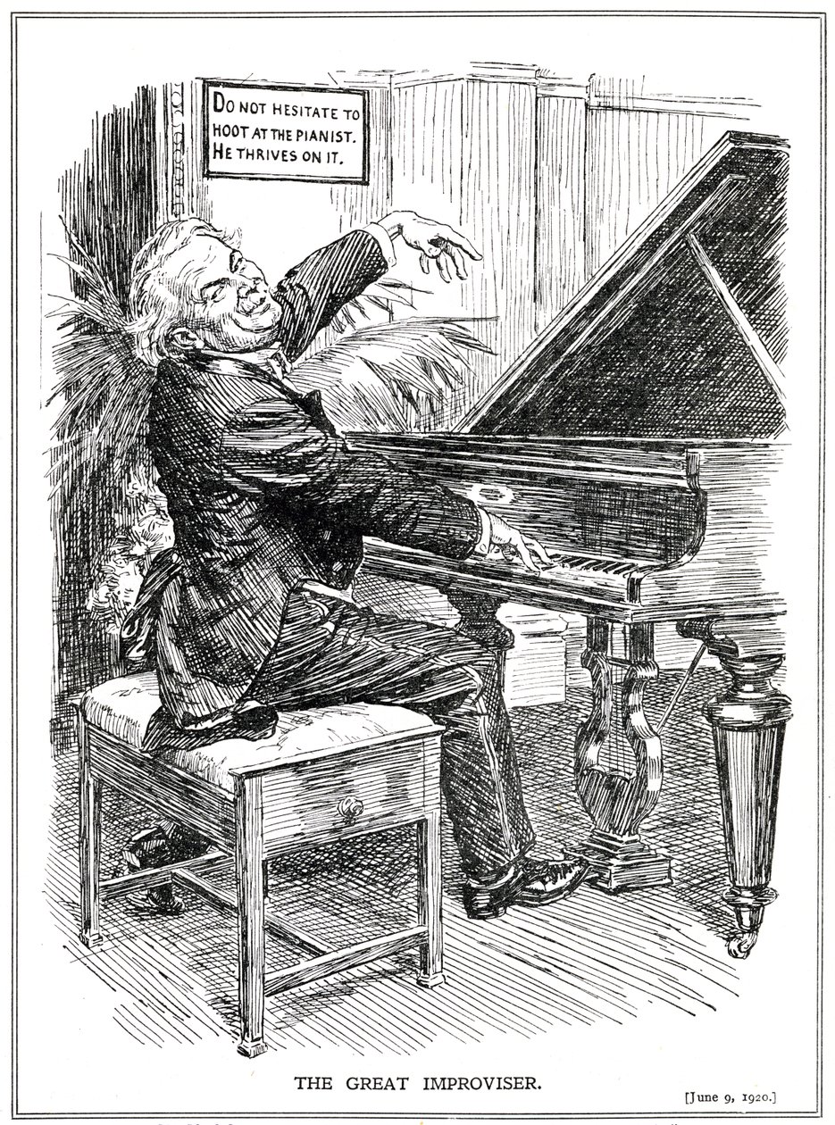 الرسوم المتحركة السخرية لويد جورج كمرتجل عظيم أو زعيم قصص الارتجال ، يونيو 1920 بواسطة مدرسة اللغة الإنجليزية