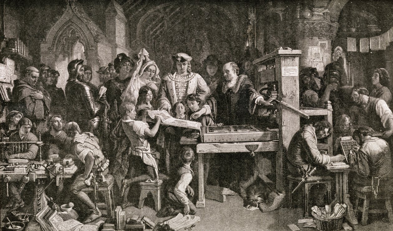 Caxton (1422-91) يظهر عينات من طباعته للملك إدوارد الرابع في المونري في وستمنستر ، 1858 بواسطة مدرسة اللغة الإنجليزية